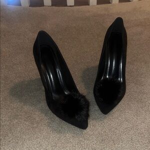 Fur Pom Pom Elegant Black Women's Shoes